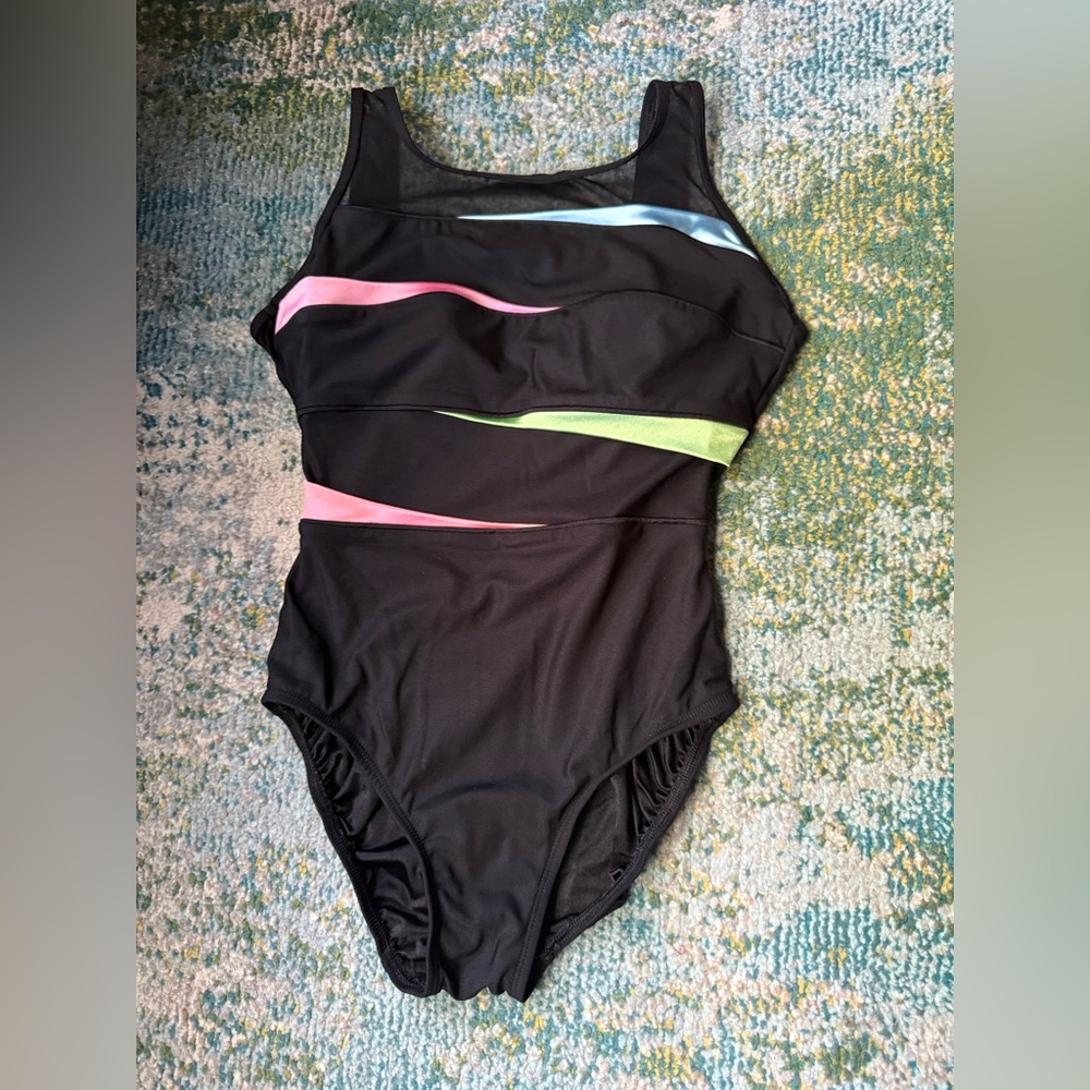 Vintage Longitude color block black one piece swimsuit, size 10